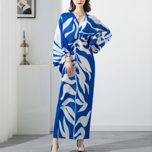 Pleated Print Bat Sleeves Large Dress