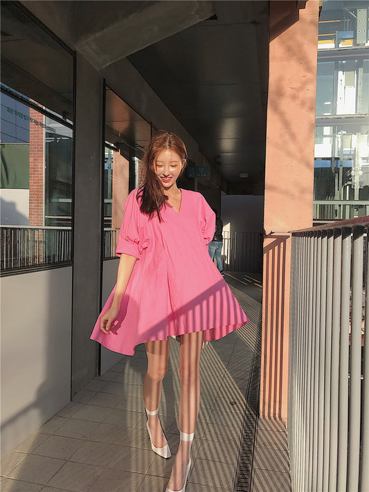 Fairy style women dress elegant v-neck puff sleeve solid sweet mini dress playful candy color