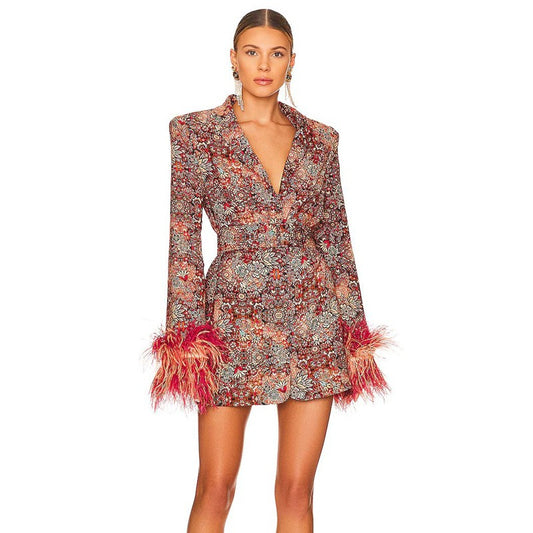 V-neck floral dress with decorative feathers at cuffs