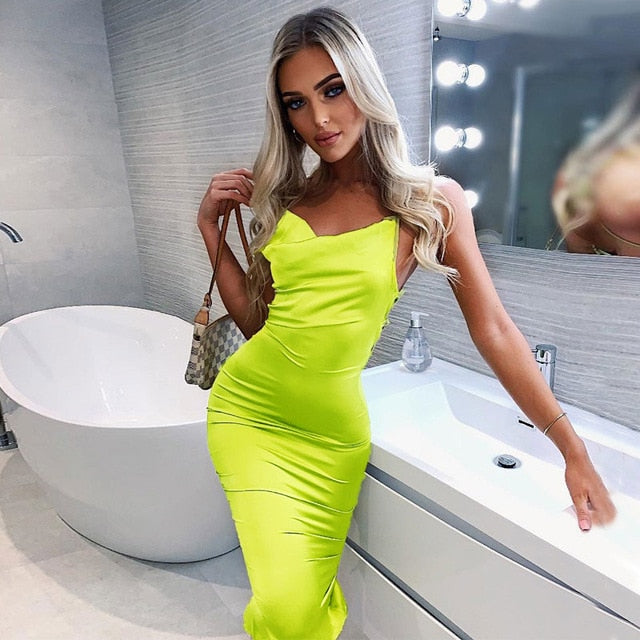 Summer Women Long Dress Satin Sleeveless Bandage Backless Elegant Party Dress Vestidos Sexy Elegant Hollow Out