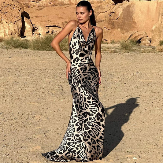 Women Satin Elegant Print Leopard Backless Dress