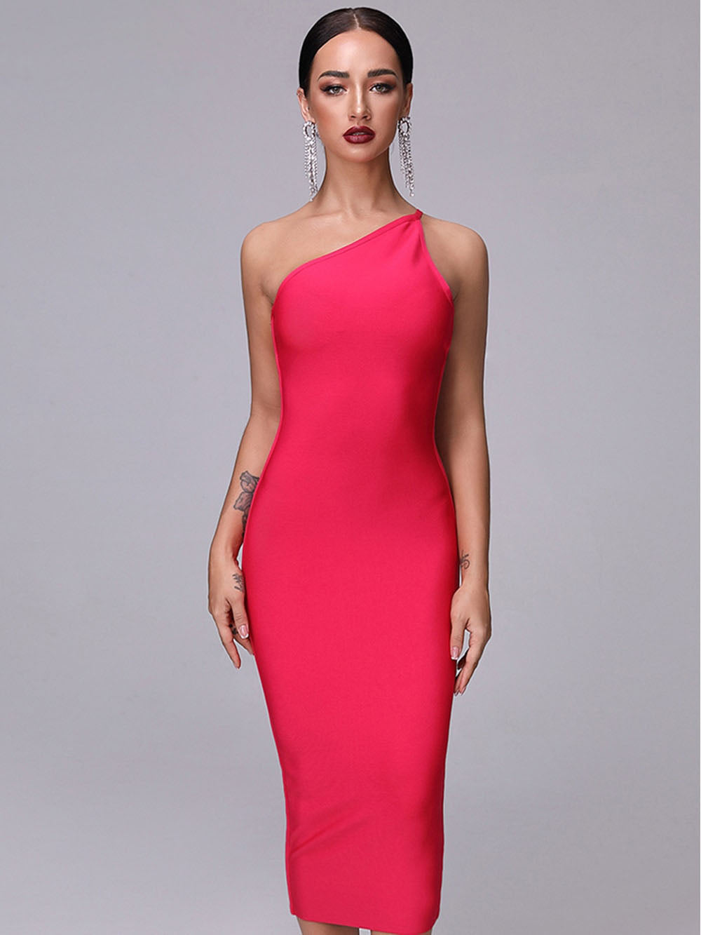 New Rose Red Sexy Chic One-Shoulder party dress