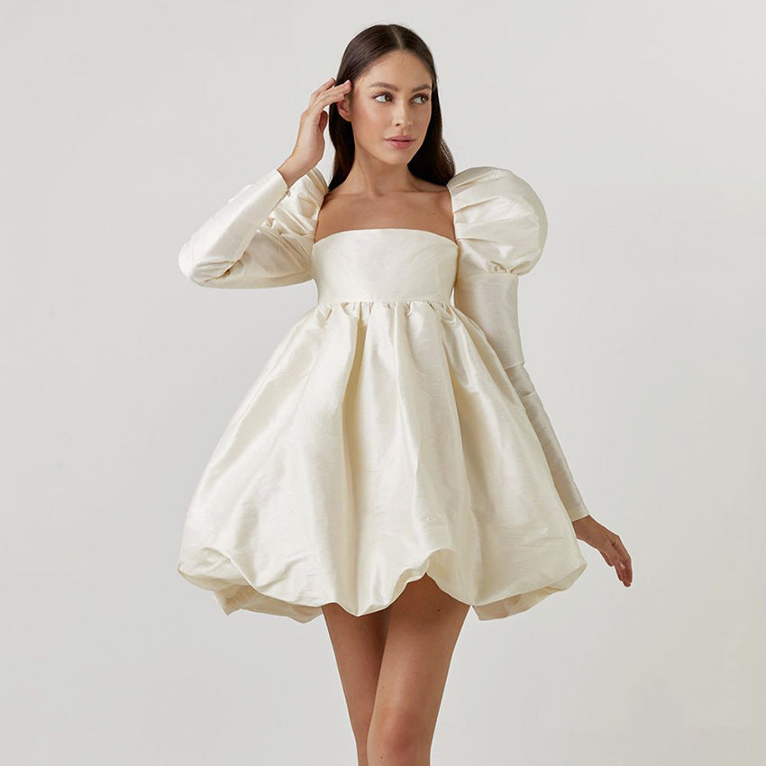 Spring French Puff Sleeve Satin Princess mini Dress