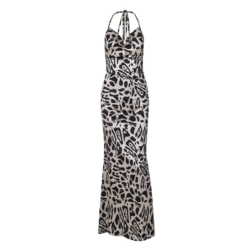 Women Satin Elegant Print Leopard Backless Dress